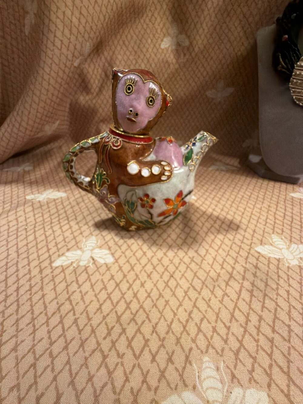 Vintage Cloisonne Enamel Monkey Teapot Decorative Floral Oriental Design